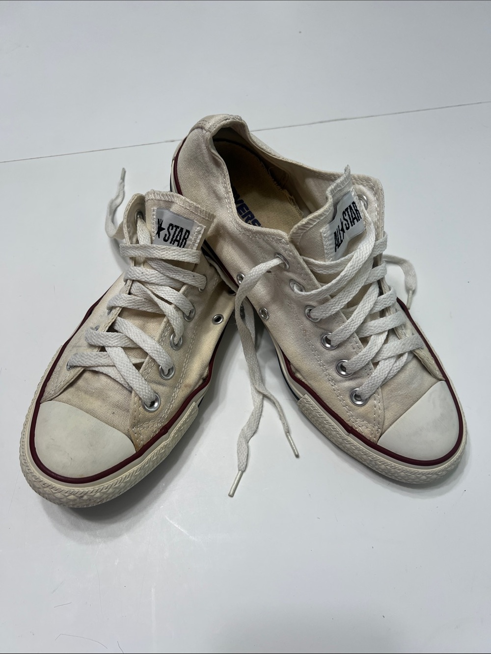 Converse Low-Top Canvas Sneakers in Off-White with Burgundy Stripe